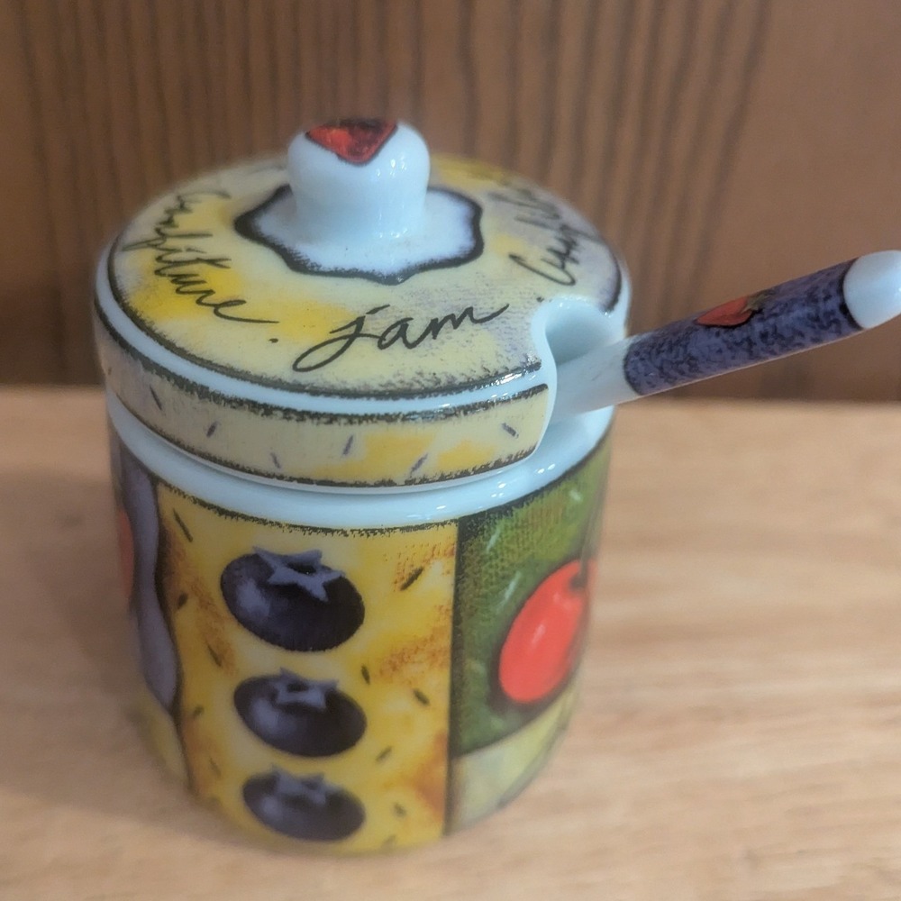 VTG Ceramic Jam Jar w/ Lid & Spoon Fruit Confiture Pot Set MSC Joie de Vivre